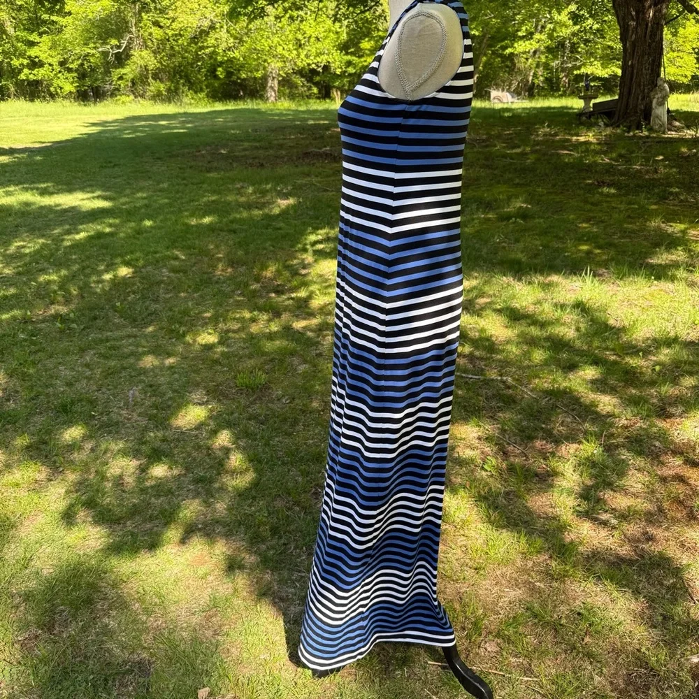SARA CAMPBELL DRESS MAXI BLACK WHITE BLUE STRIPES SLEEVELESS USA SIZE S